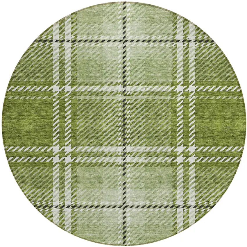 8' Green Black And Ivory Round Plaid Washable Indoor Outdoor Area Rug Photo 2