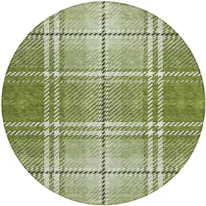 Photo of 8' Green Black And Ivory Round Plaid Washable Indoor Outdoor Area Rug