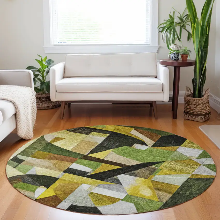 8' Green Black Gold And Beige Round Abstract Washable Indoor Outdoor Area Rug Photo 7