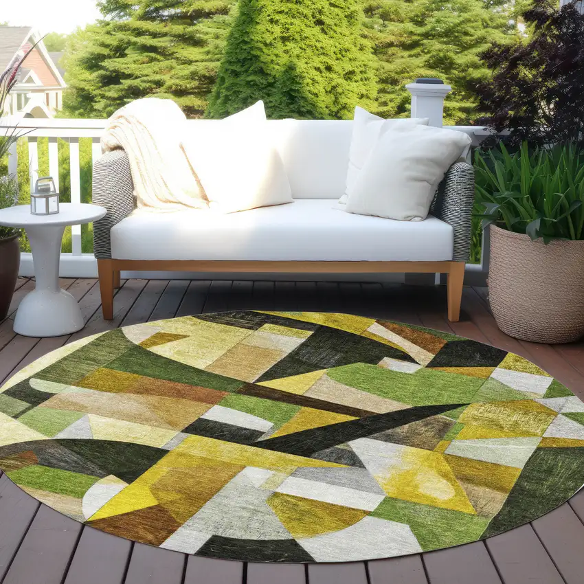 8' Green Black Gold And Beige Round Abstract Washable Indoor Outdoor Area Rug Photo 6