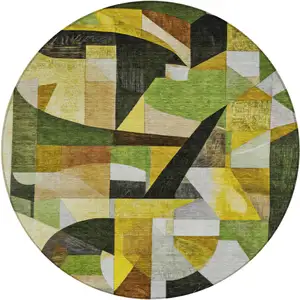 Photo of 8' Green Black Gold And Beige Round Abstract Washable Indoor Outdoor Area Rug