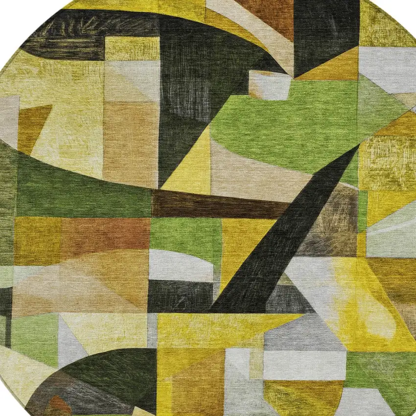 8' Green Black Gold And Beige Round Abstract Washable Indoor Outdoor Area Rug Photo 9