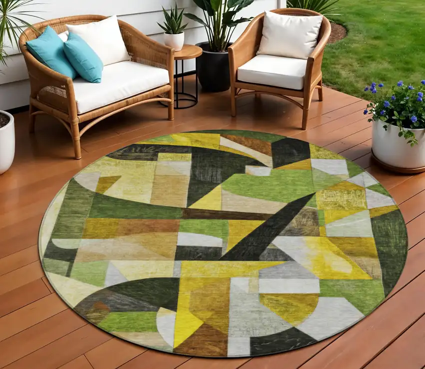 8' Green Black Gold And Beige Round Abstract Washable Indoor Outdoor Area Rug Photo 2