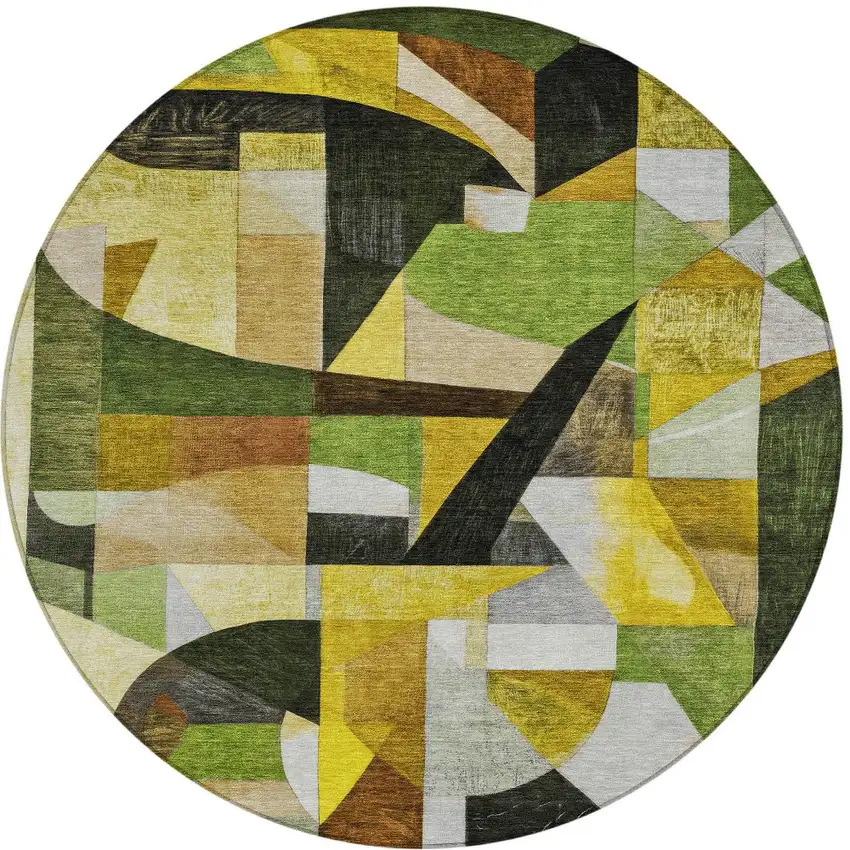 8' Green Black Gold And Beige Round Abstract Washable Indoor Outdoor Area Rug Photo 3