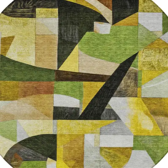 8' Green Black Gold And Beige Round Abstract Washable Indoor Outdoor Area Rug Photo 4