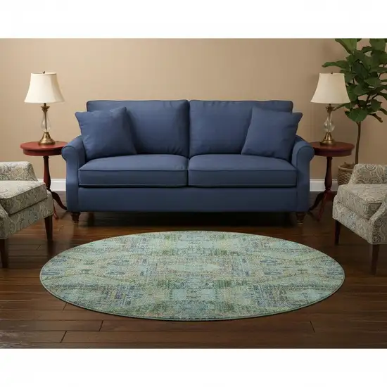 8' Green Blue And Beige Abstract Geometric Washable Round Rug With UV Protection Photo 2