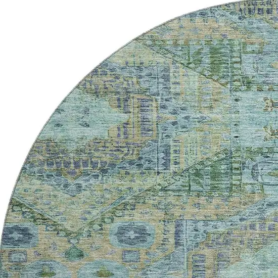 8' Green Blue And Beige Abstract Geometric Washable Round Rug With UV Protection Photo 4