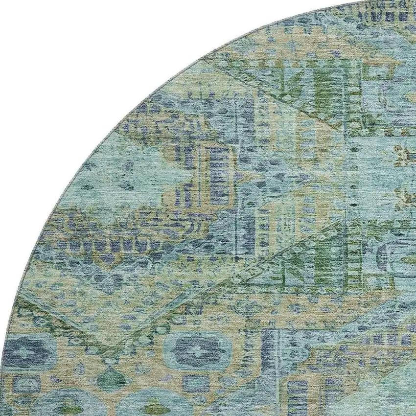 8' Green Blue And Beige Abstract Geometric Washable Round Rug With UV Protection Photo 4