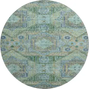 Photo of 8' Green Blue And Beige Abstract Geometric Washable Round Rug With UV Protection