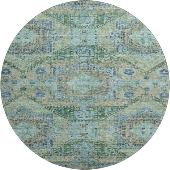 8' Green Blue And Beige Abstract Geometric Washable Round Rug With UV Protection Photo 1