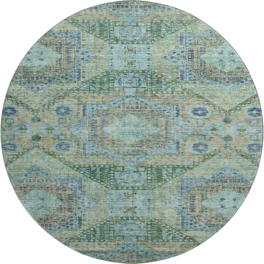 8' Green Blue And Beige Abstract Geometric Washable Round Rug With UV Protection Photo 1