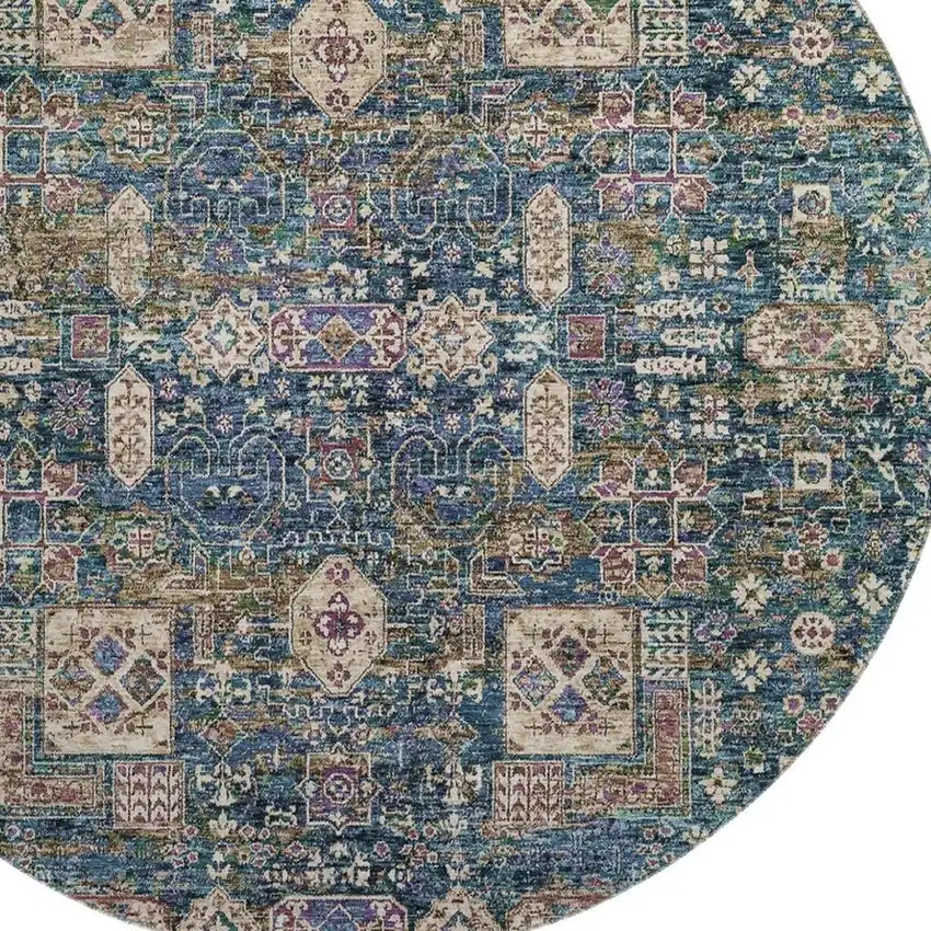 8' Green Blue And Beige Floral Washable Round Rug With UV Protection Photo 3