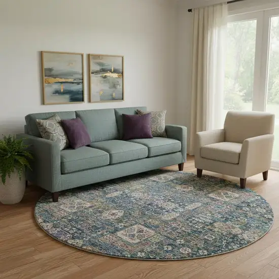 8' Green Blue And Beige Floral Washable Round Rug With UV Protection Photo 1