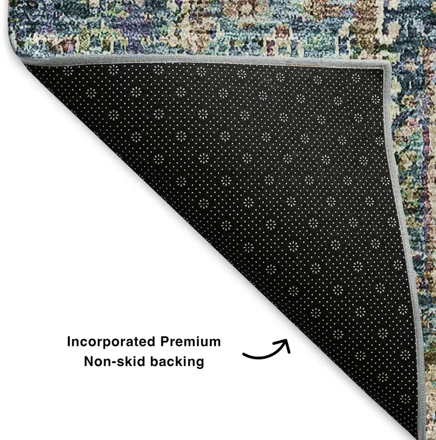 8' Green Blue And Beige Floral Washable Round Rug With UV Protection Photo 6