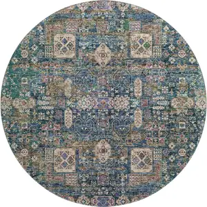 Photo of 8' Green Blue And Beige Floral Washable Round Rug With UV Protection