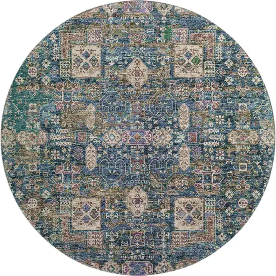8' Green Blue And Beige Floral Washable Round Rug With UV Protection Photo 1