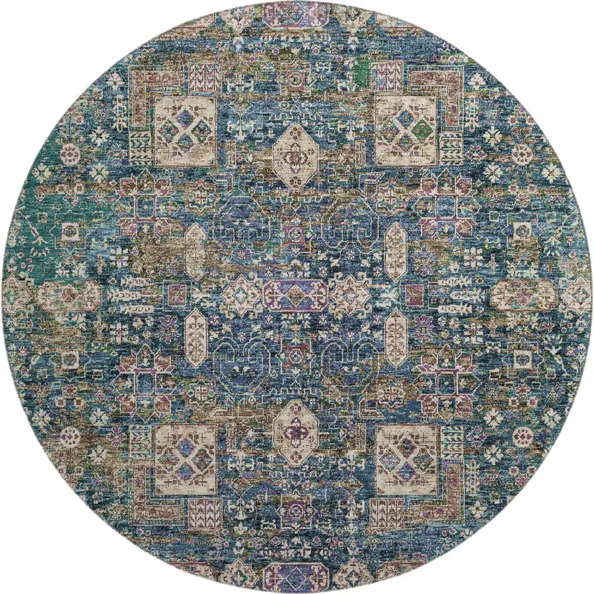 8' Green Blue And Beige Floral Washable Round Rug With UV Protection Photo 1