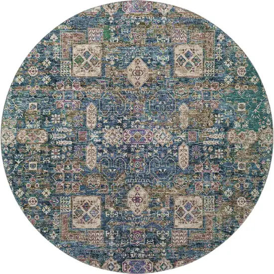 8' Green Blue And Beige Floral Washable Round Rug With UV Protection Photo 4