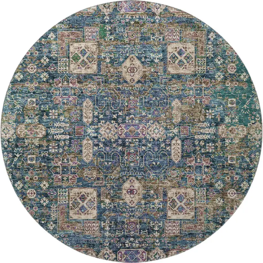 8' Green Blue And Beige Floral Washable Round Rug With UV Protection Photo 4
