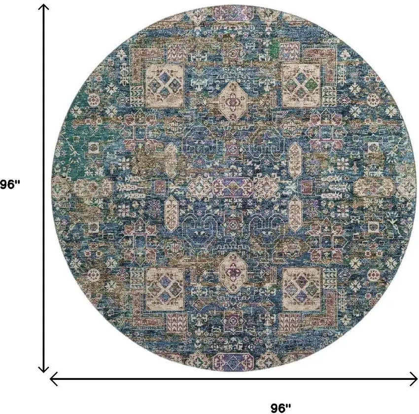 8' Green Blue And Beige Floral Washable Round Rug With UV Protection Photo 3