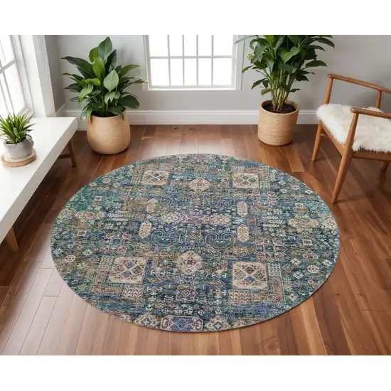 8' Green Blue And Beige Floral Washable Round Rug With UV Protection Photo 2