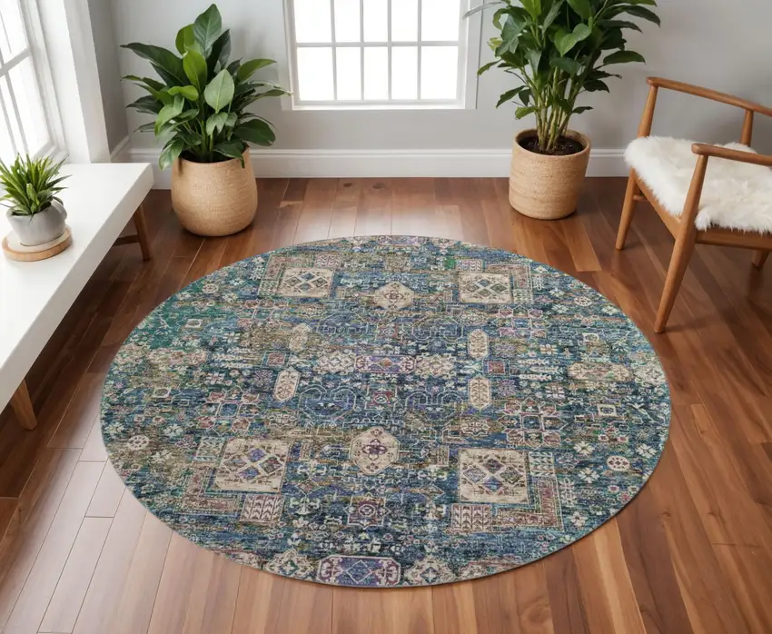 8' Green Blue And Beige Floral Washable Round Rug With UV Protection Photo 2