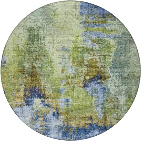 8' Green Blue And Brown Round Abstract Washable Indoor Outdoor Area Rug Photo 2
