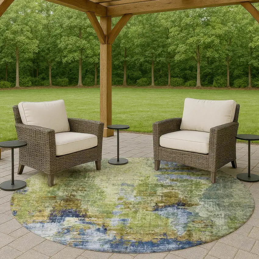 8' Green Blue And Brown Round Abstract Washable Indoor Outdoor Area Rug Photo 9