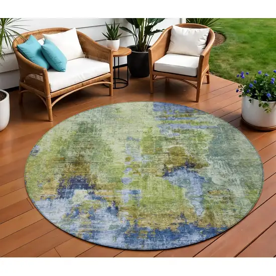 8' Green Blue And Brown Round Abstract Washable Indoor Outdoor Area Rug Photo 1