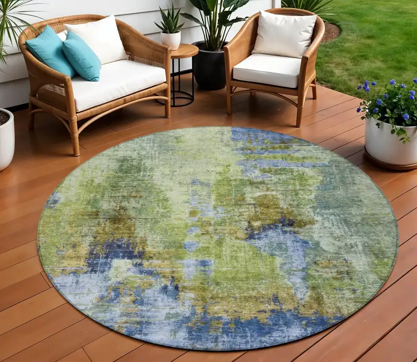 8' Green Blue And Brown Round Abstract Washable Indoor Outdoor Area Rug Photo 1