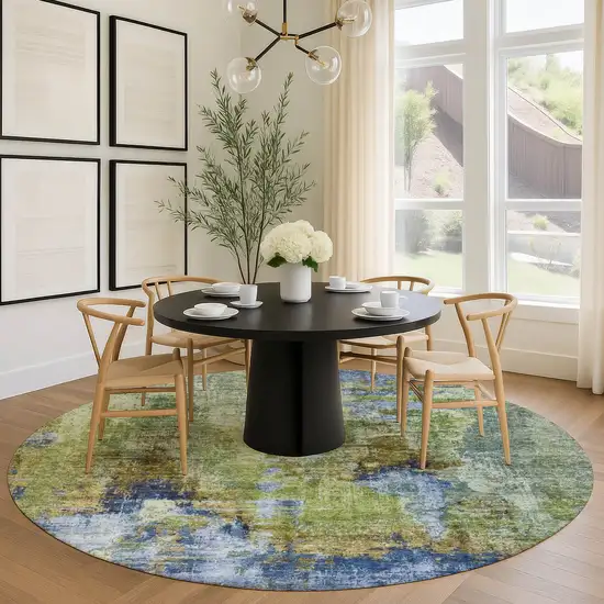 8' Green Blue And Brown Round Abstract Washable Indoor Outdoor Area Rug Photo 9
