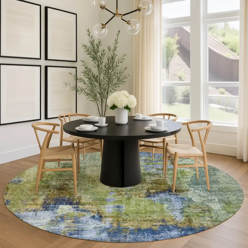 8' Green Blue And Brown Round Abstract Washable Indoor Outdoor Area Rug Photo 9