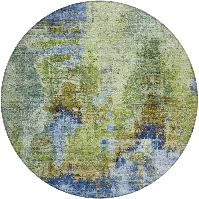 8' Green Blue And Brown Round Abstract Washable Indoor Outdoor Area Rug Photo 5