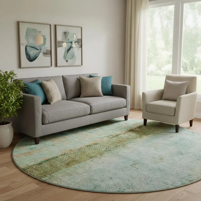 8' Green Blue And Gold Abstract Washable Round Rug With UV Protection Photo 1