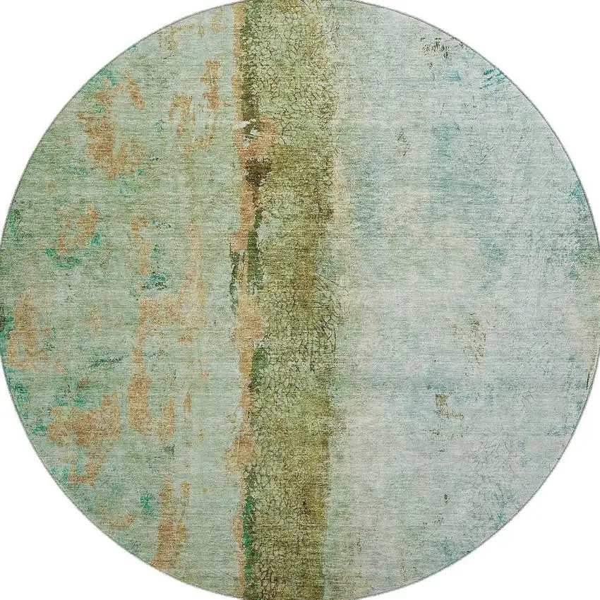 8' Green Blue And Gold Abstract Washable Round Rug With UV Protection Photo 4