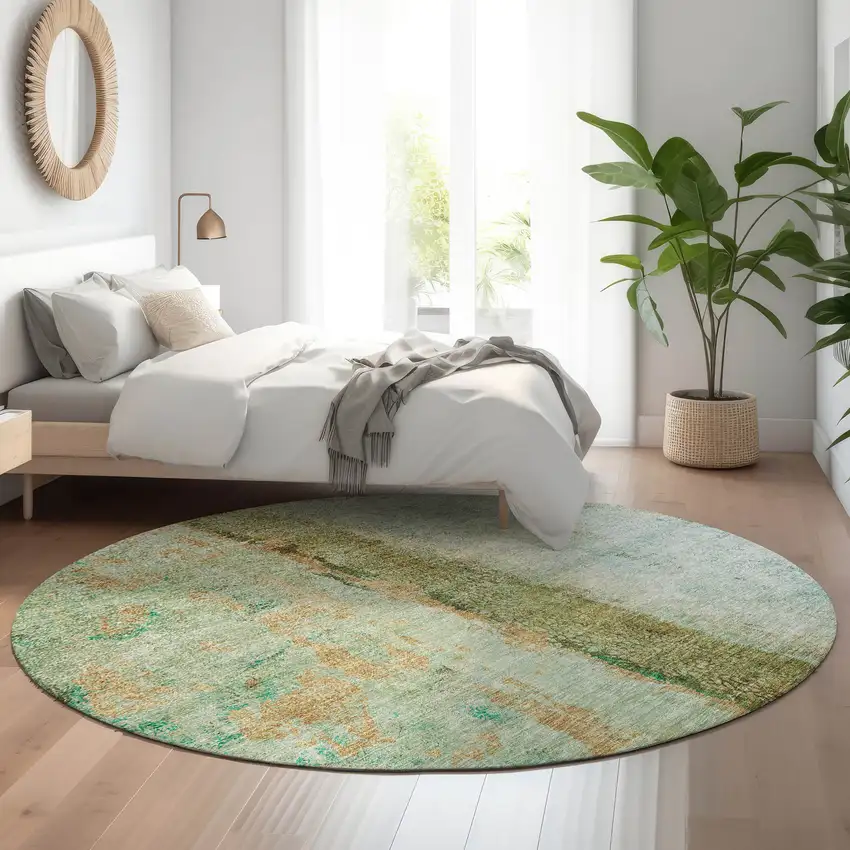 8' Green Blue And Gold Abstract Washable Round Rug With UV Protection Photo 5