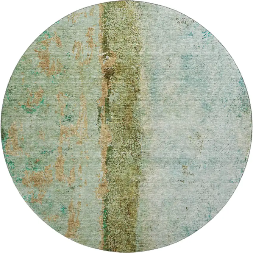 8' Green Blue And Gold Abstract Washable Round Rug With UV Protection Photo 1