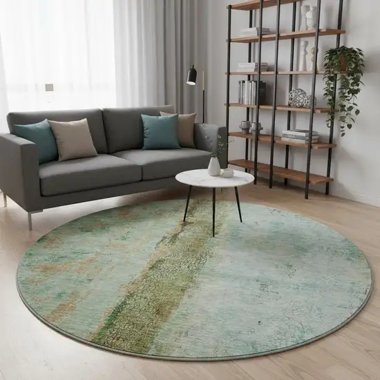 8' Green Blue And Gold Abstract Washable Round Rug With UV Protection Photo 2