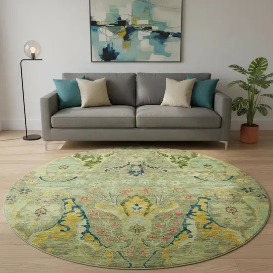 8' Green Blue And Gold Floral Washable Round Rug With UV Protection Photo 2