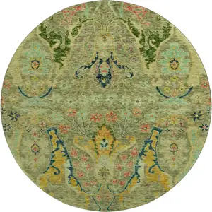 Photo of 8' Green Blue And Gold Floral Washable Round Rug With UV Protection