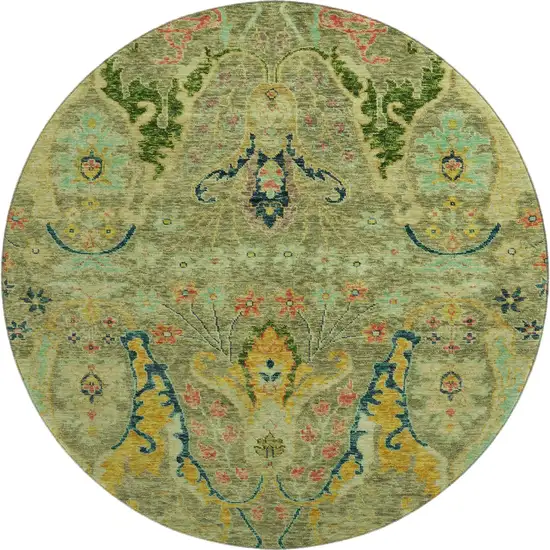 8' Green Blue And Gold Floral Washable Round Rug With UV Protection Photo 1
