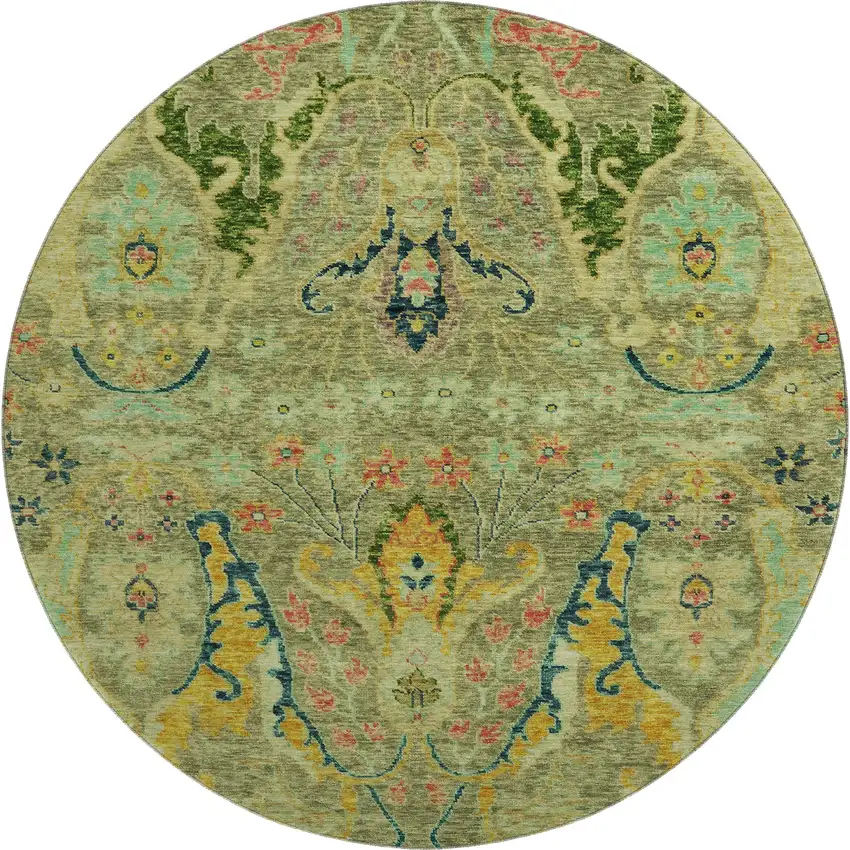 8' Green Blue And Gold Floral Washable Round Rug With UV Protection Photo 1