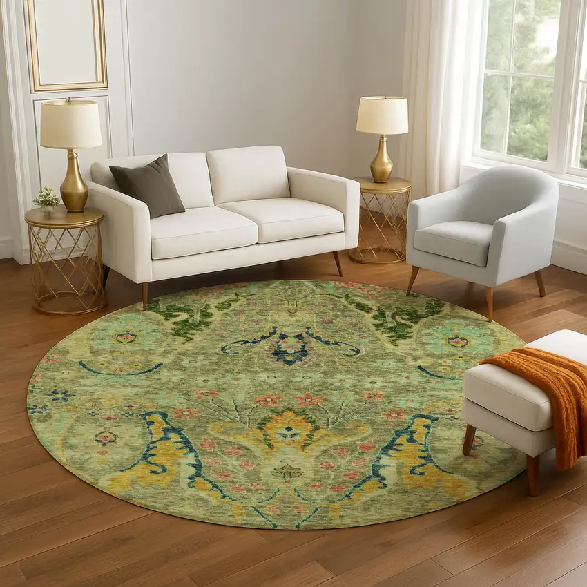 8' Green Blue And Gold Floral Washable Round Rug With UV Protection Photo 4