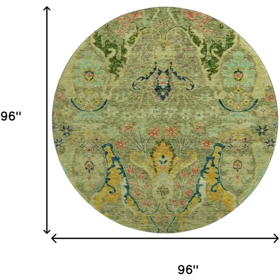 8' Green Blue And Gold Floral Washable Round Rug With UV Protection Photo 9