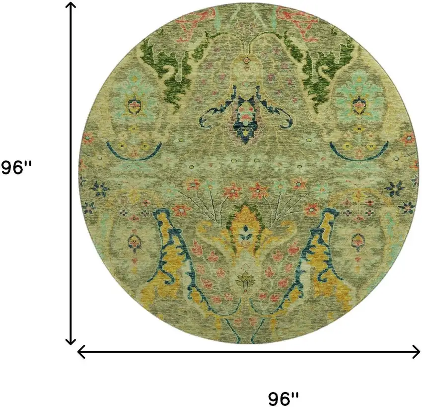 8' Green Blue And Gold Floral Washable Round Rug With UV Protection Photo 9