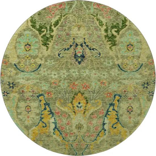 8' Green Blue And Gold Floral Washable Round Rug With UV Protection Photo 3