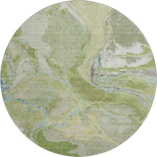 8' Green Blue And Gray Abstract Washable Round Rug With UV Protection Photo 1
