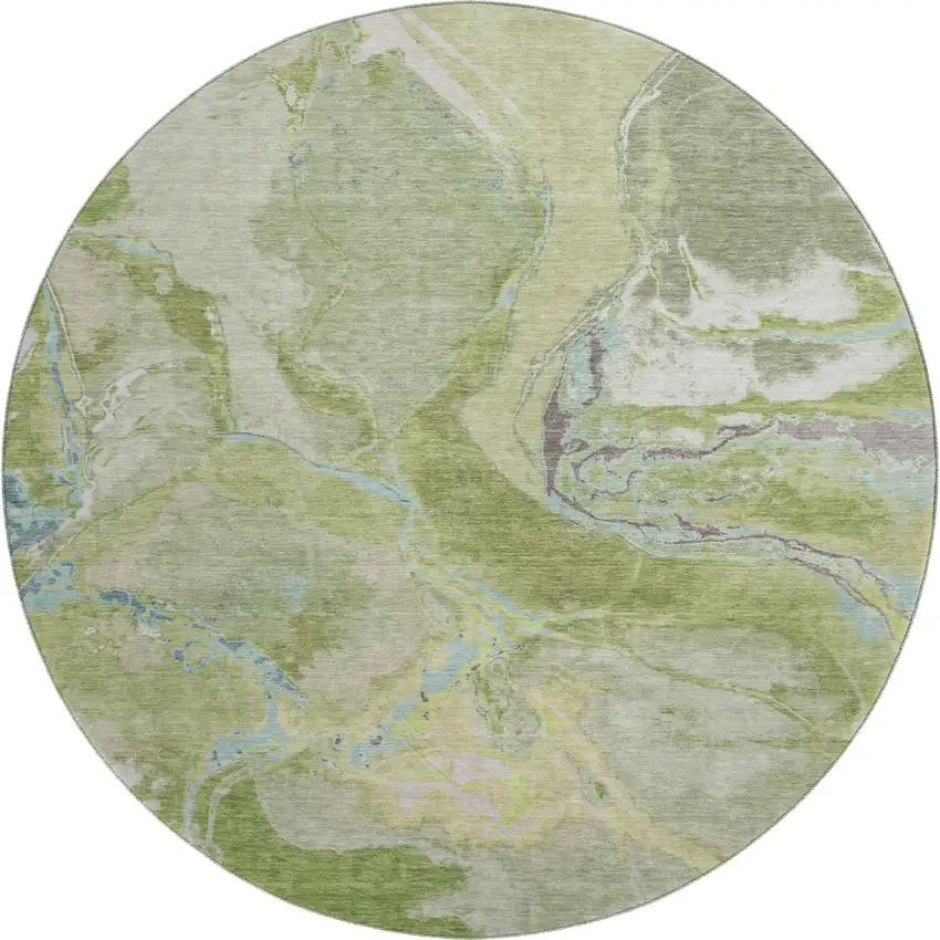 8' Green Blue And Gray Abstract Washable Round Rug With UV Protection Photo 1