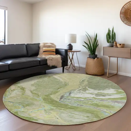 8' Green Blue And Gray Abstract Washable Round Rug With UV Protection Photo 4