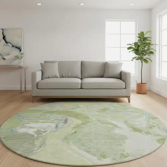 8' Green Blue And Gray Abstract Washable Round Rug With UV Protection Photo 2